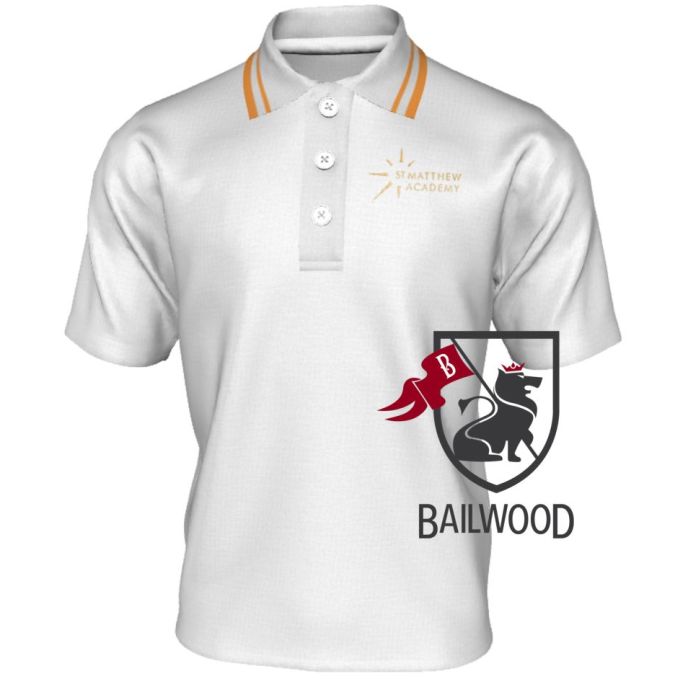 St Matthews Academy Primary  White Games Polo with tipped collar