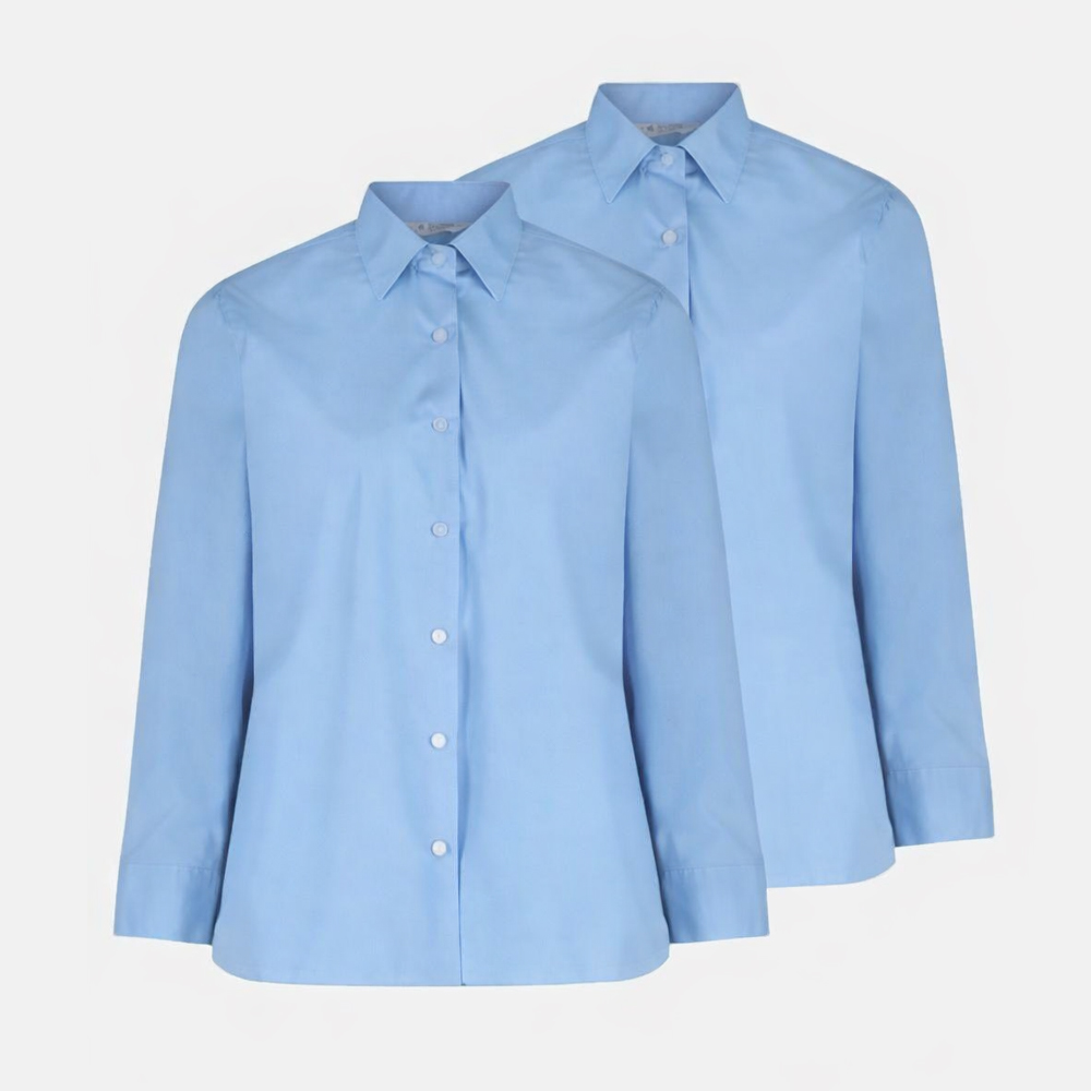 Girls Blue Long Sleeve, Non Iron Blouse - Twin Pack