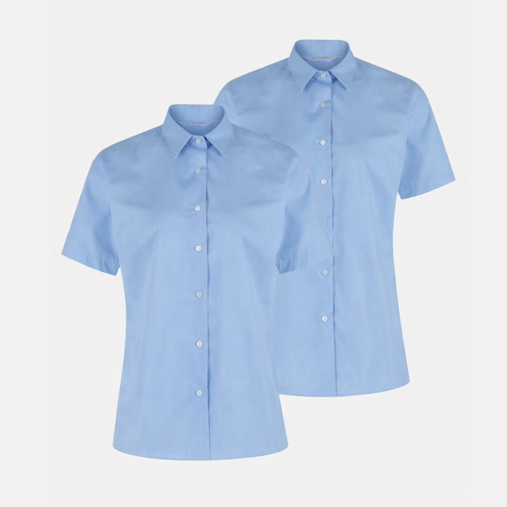 Girls Blue Short Sleeve, Non Iron Blouse - Twin Pack