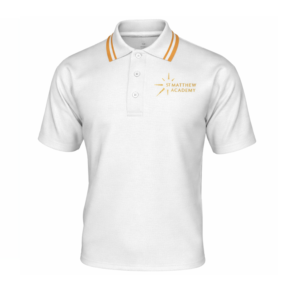 St Matthews Academy Primary  White Games Polo with tipped collar